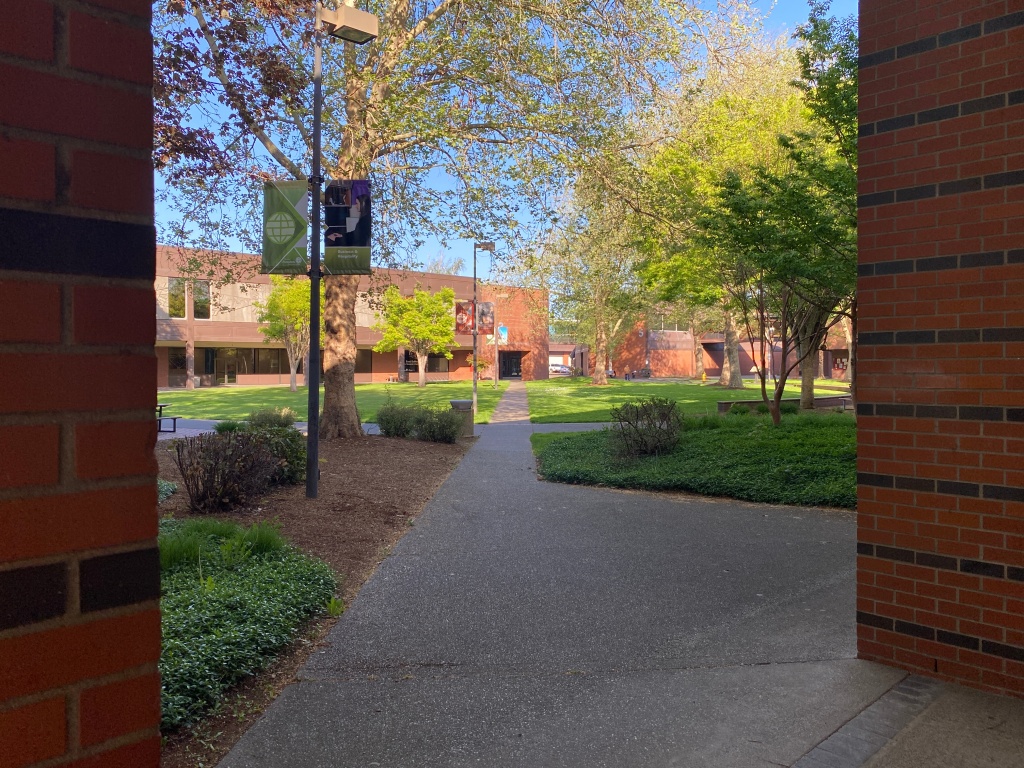 A courtyard on a sunny day at the Chemeketa Community College Salem campus 